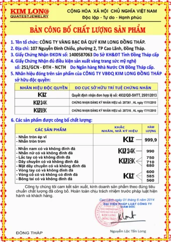 Bảng công bố chất lượng sản phẩm vàng Kim Long