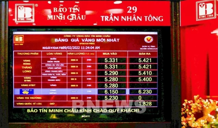 Bảng niêm yết giá vàng tại Bảo Tín Minh Châu