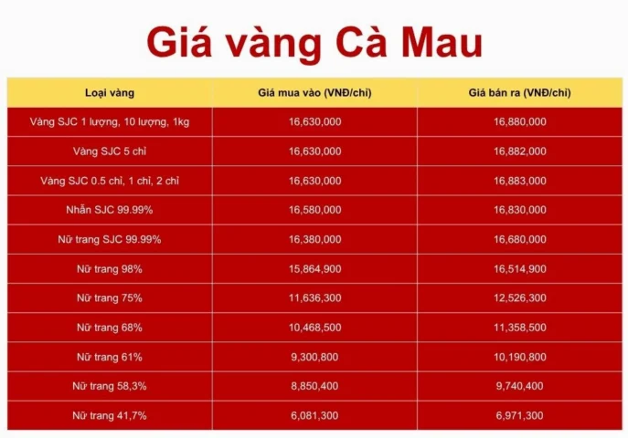 Giá Vàng Hội Kim Hoàn Cà Mau Hôm Nay 2026: Cập Nhật Mới Nhất Biểu đồ giá vàng Cà Mau theo phân loại