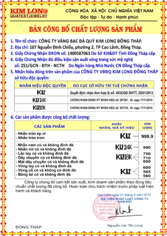 Chứng nhận chất lượng sản phẩm vàng Kim Long